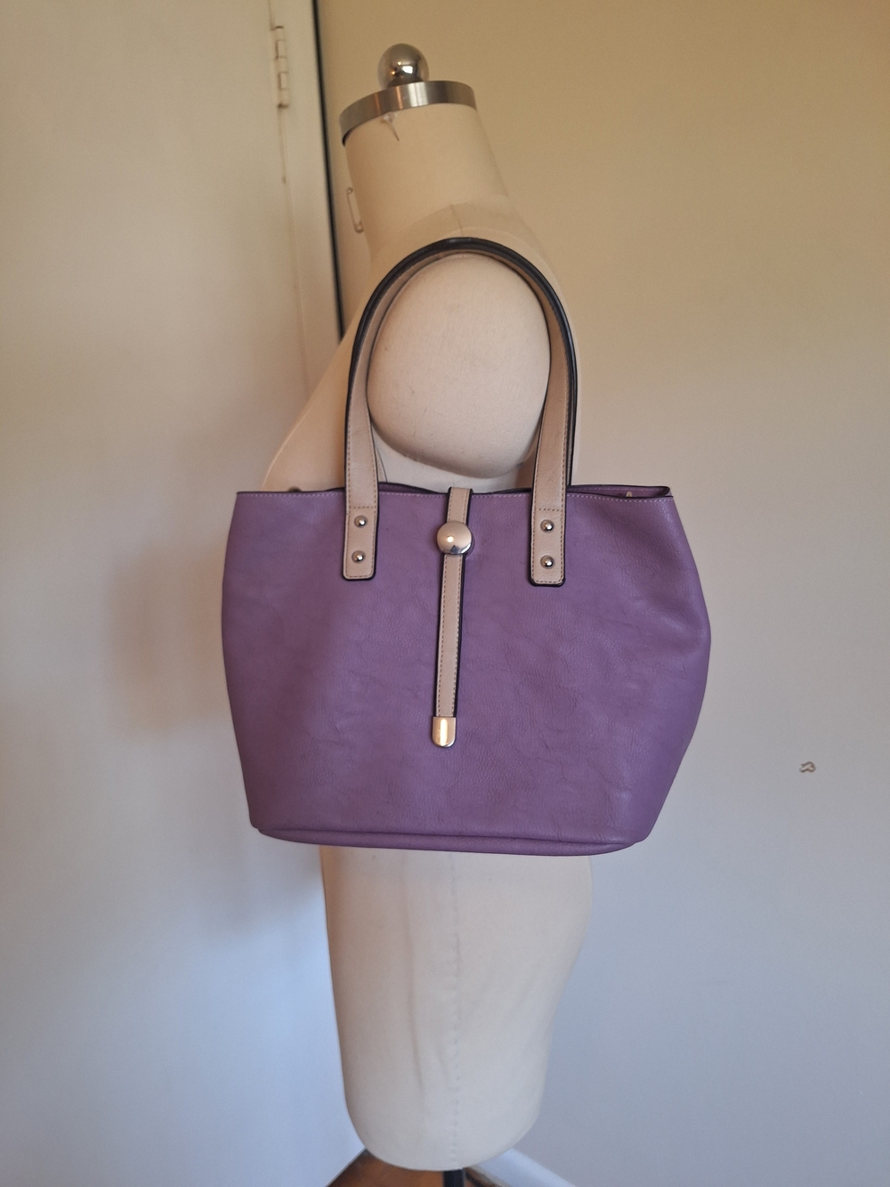 2 Piece Purple Women's purse Tote with Contrast Handles